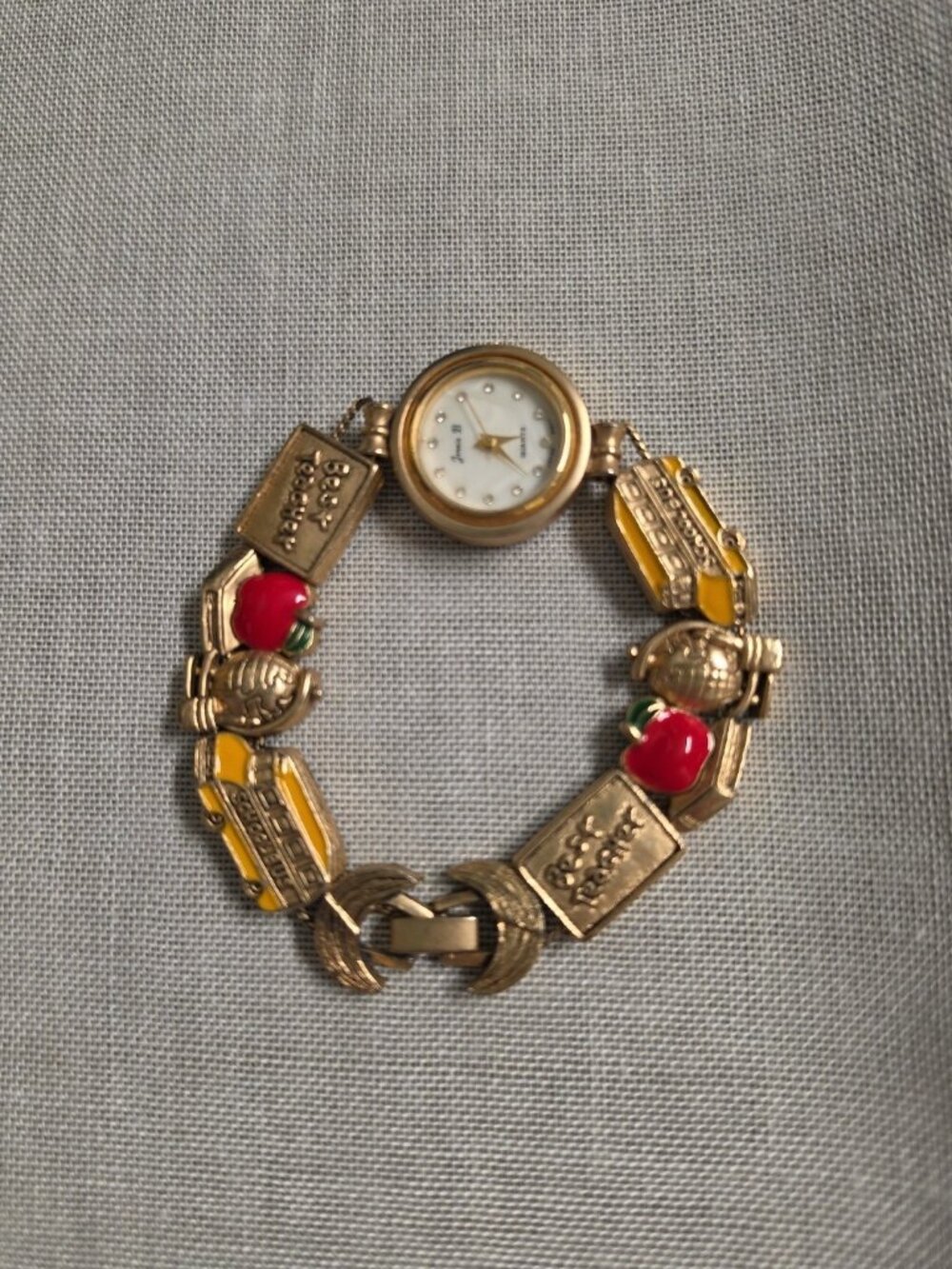 Working VTG Jennie B Teacher Watch Women Gold Tone Enamel Charm Bracelet Apple